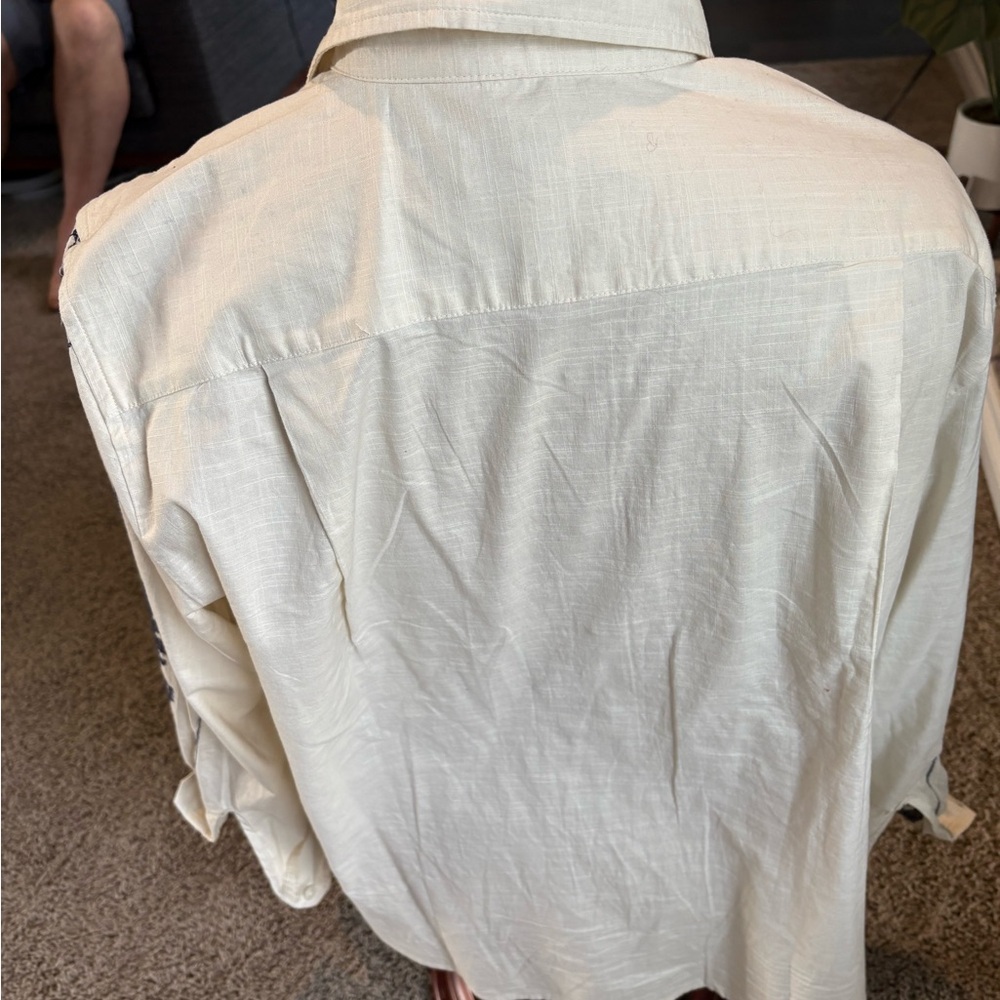 LOFT Cream Button-Down Shirt with Navy Embroidery - Picture 7 of 7